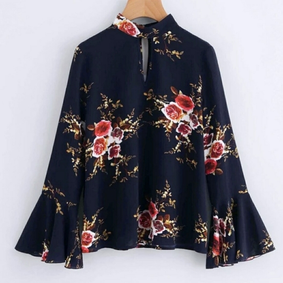 Navy Floral Bell Sleeve Keyhole Choker Blouse S - Picture 5 of 8